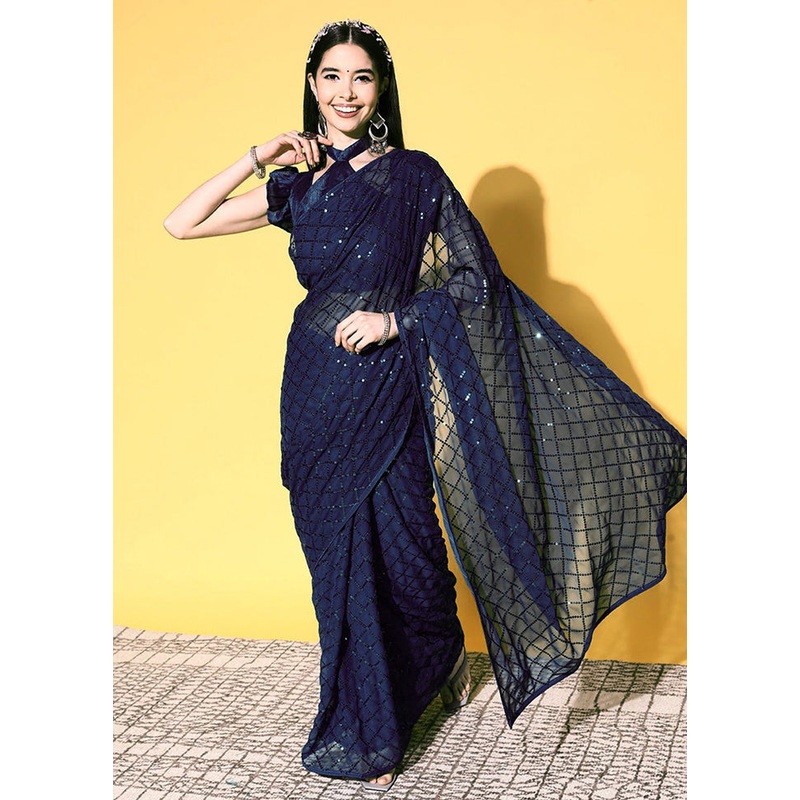 Blue Georgette Saree With Blouse Piece - JD986589533