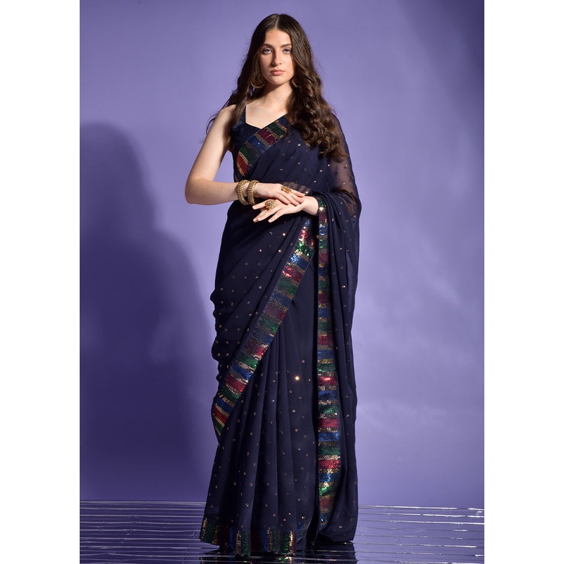 Blue Georgette Saree With Blouse Piece - JD986589534