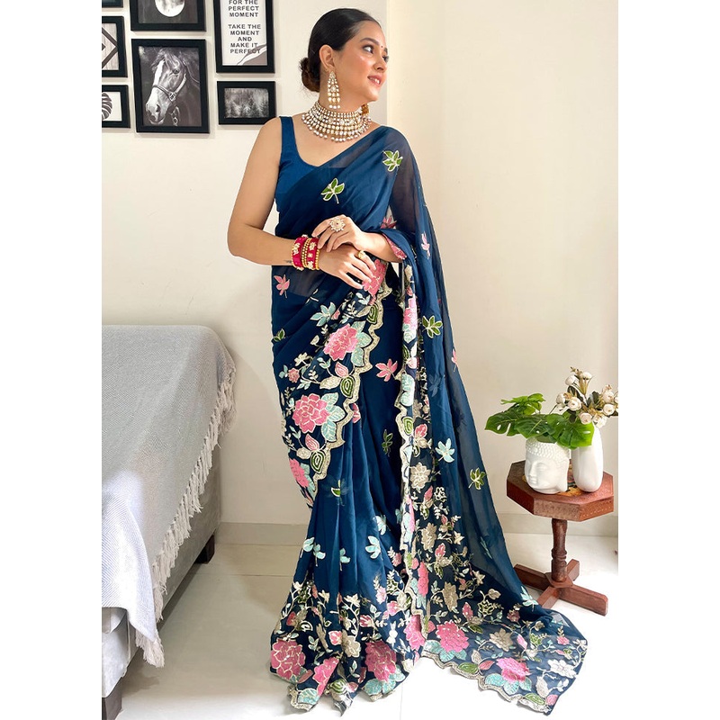 Blue Georgette Saree With Blouse Piece - JD986589537