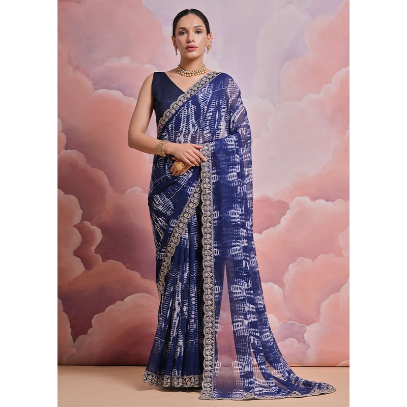 Blue Georgette Saree With Blouse Piece - JD986589538