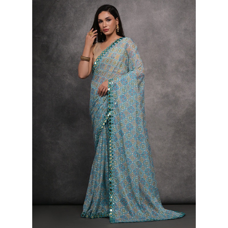 Blue Georgette Saree With Blouse Piece - JD986589541
