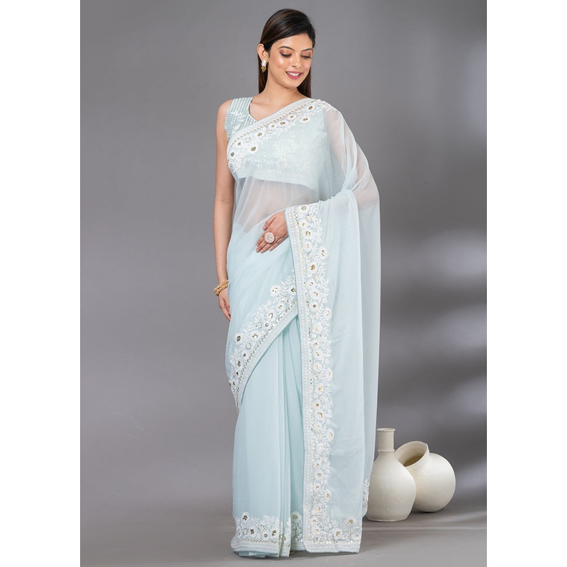 Blue Georgette Saree With Blouse Piece - JD986589543