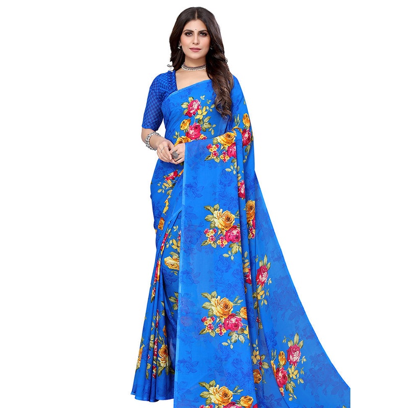 Blue Georgette Saree With Blouse Piece - JD986589544
