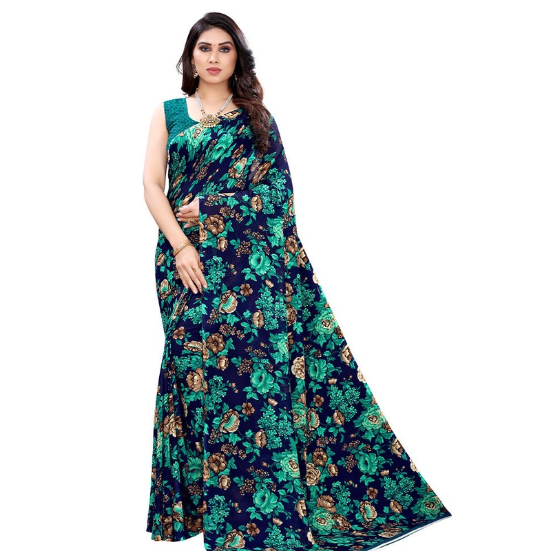 Blue Georgette Saree With Blouse Piece - JD986589545
