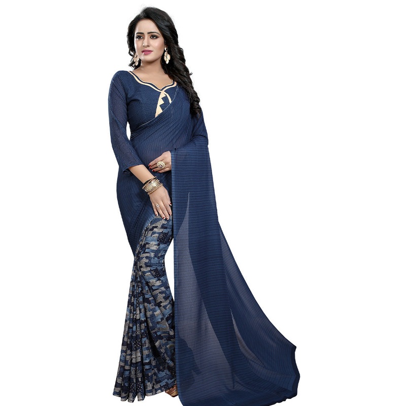 Blue Georgette Saree With Blouse Piece - JD986589546