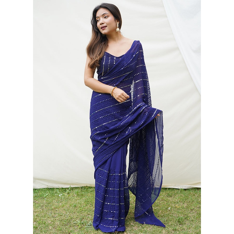 Blue Georgette Saree With Blouse Piece - JD986589548