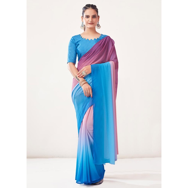 Blue Georgette Saree With Blouse Piece - JD986589550