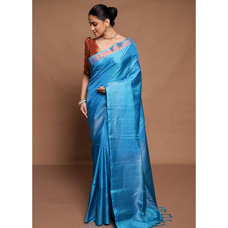 Blue Handloom Kanchipuram Pure Silk Saree With Blouse Piece - JD986589474