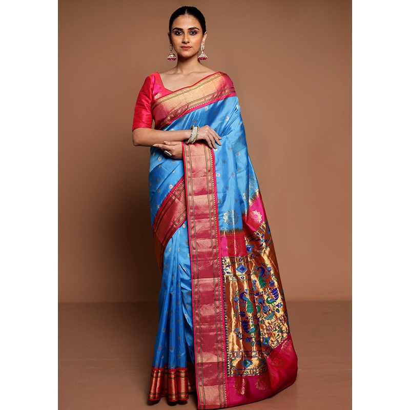 Blue Handloom Kanchipuram Pure Silk Saree With Blouse Piece - JD986589475