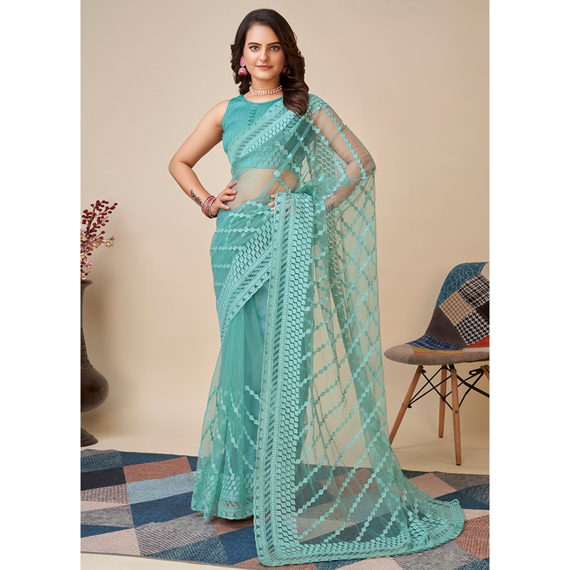 Blue Net Saree With Blouse Piece - JD986589552