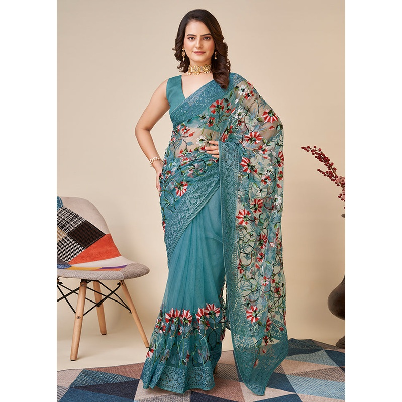 Blue Net Saree With Blouse Piece - JD986589553