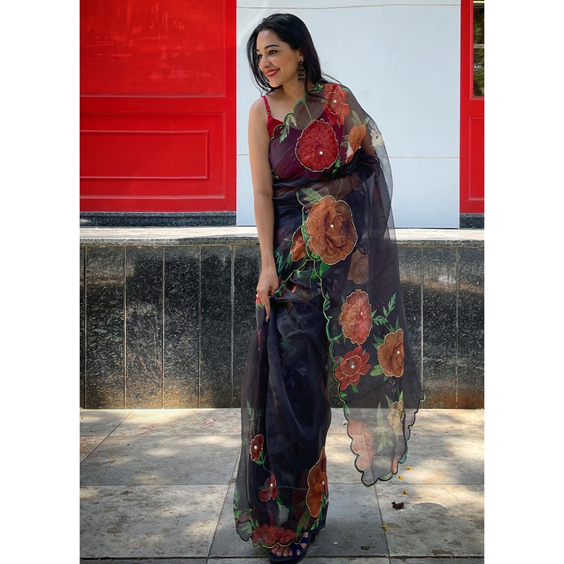 Blue Organza Saree With Blouse Piece - JD986589554