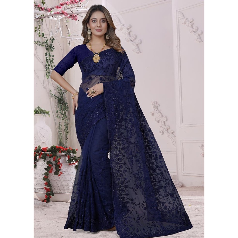 Blue Organza Saree With Blouse Piece - JD986589555