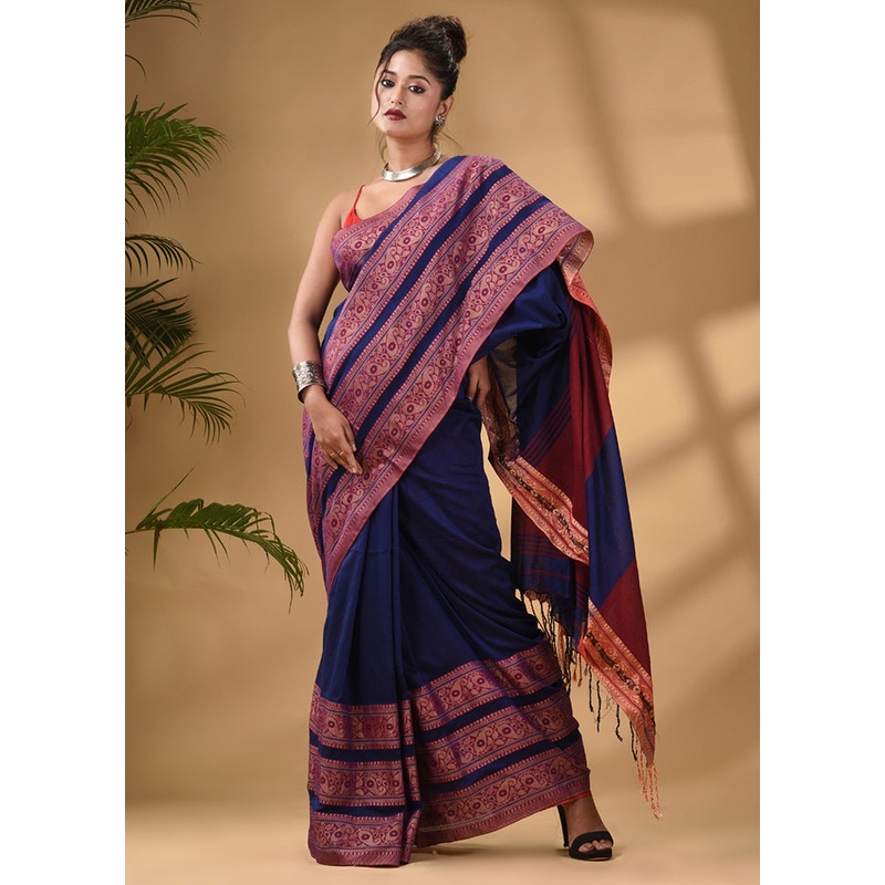Blue Pure Cotton Saree With Blouse Piece - JD986589556