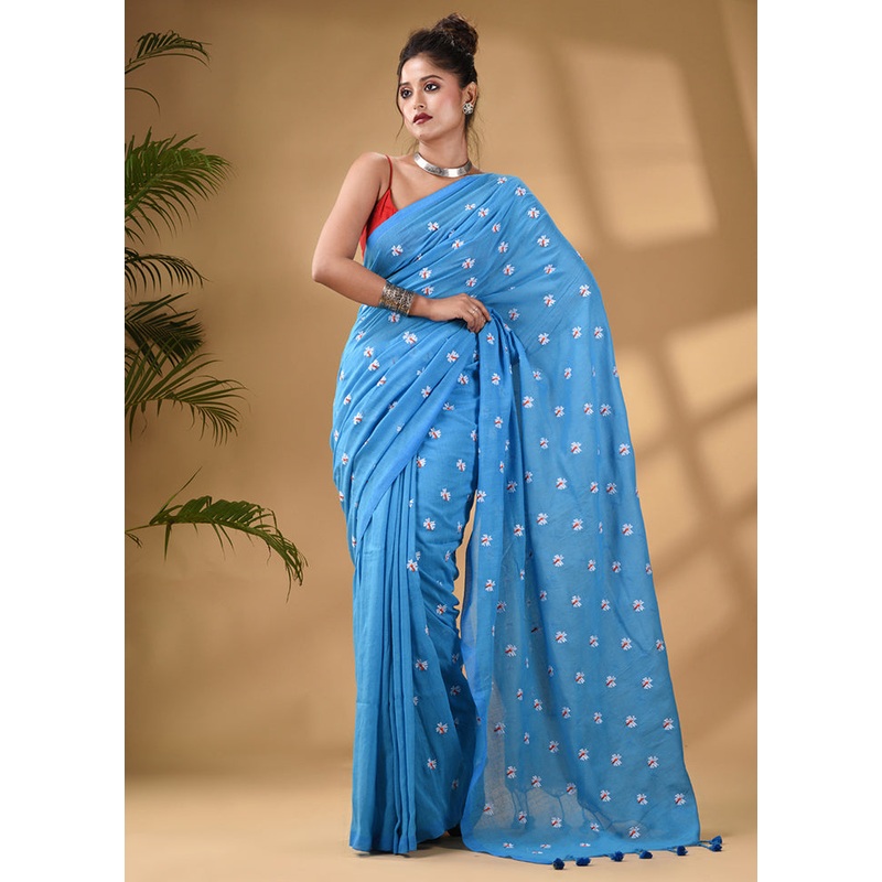 Blue Pure Cotton Saree With Blouse Piece - JD986589557