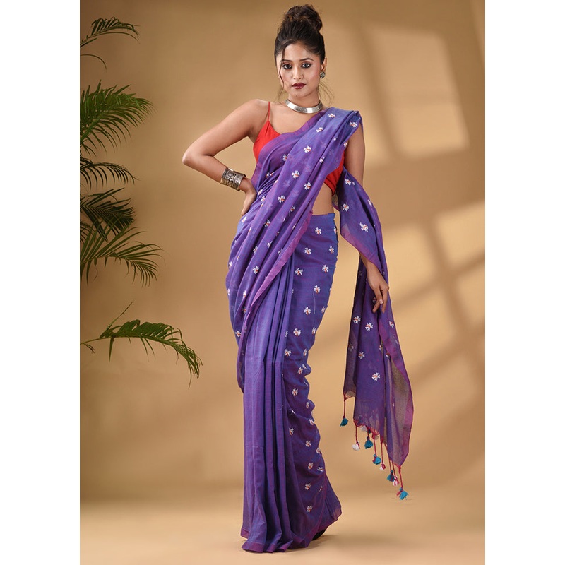 Blue Pure Cotton Saree With Blouse Piece - JD986589558