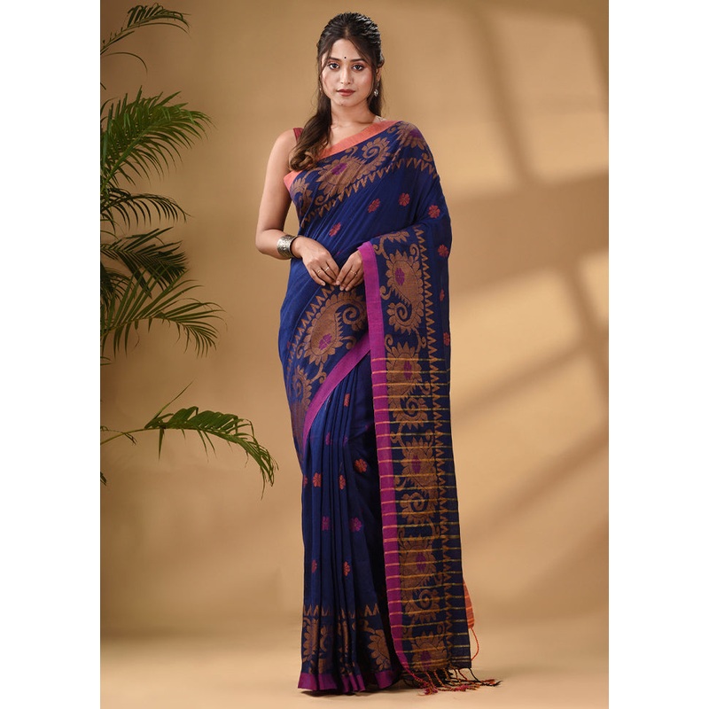 Blue Pure Cotton Saree With Blouse Piece - JD986589559