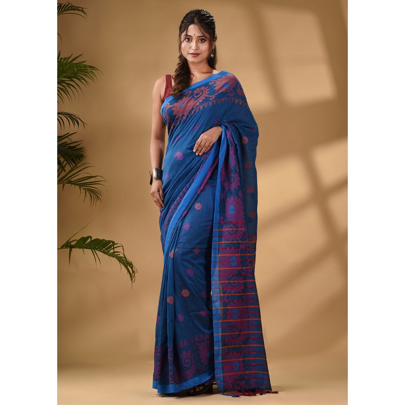Blue Pure Cotton Saree With Blouse Piece - JD986589560