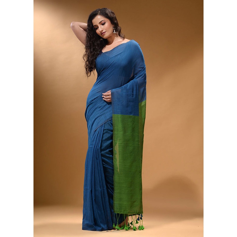 Blue Pure Cotton Saree With Blouse Piece - JD986589561