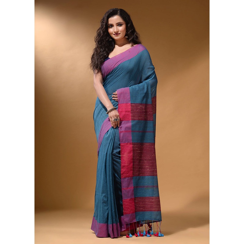 Blue Pure Cotton Saree With Blouse Piece - JD986589563