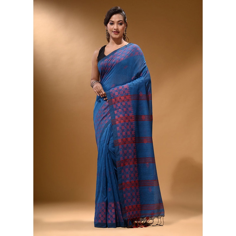 Blue Pure Cotton Saree With Blouse Piece - JD986589564