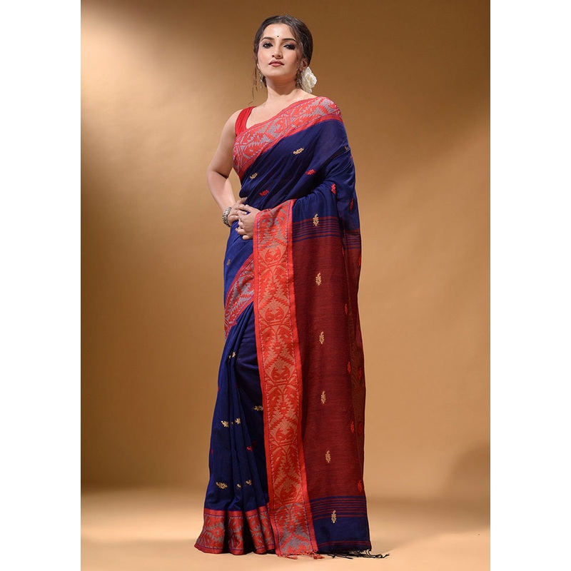 Blue Pure Cotton Saree With Blouse Piece - JD986589565