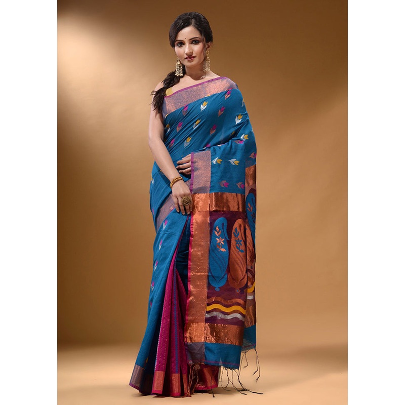 Blue Pure Cotton Saree With Blouse Piece - JD986589566