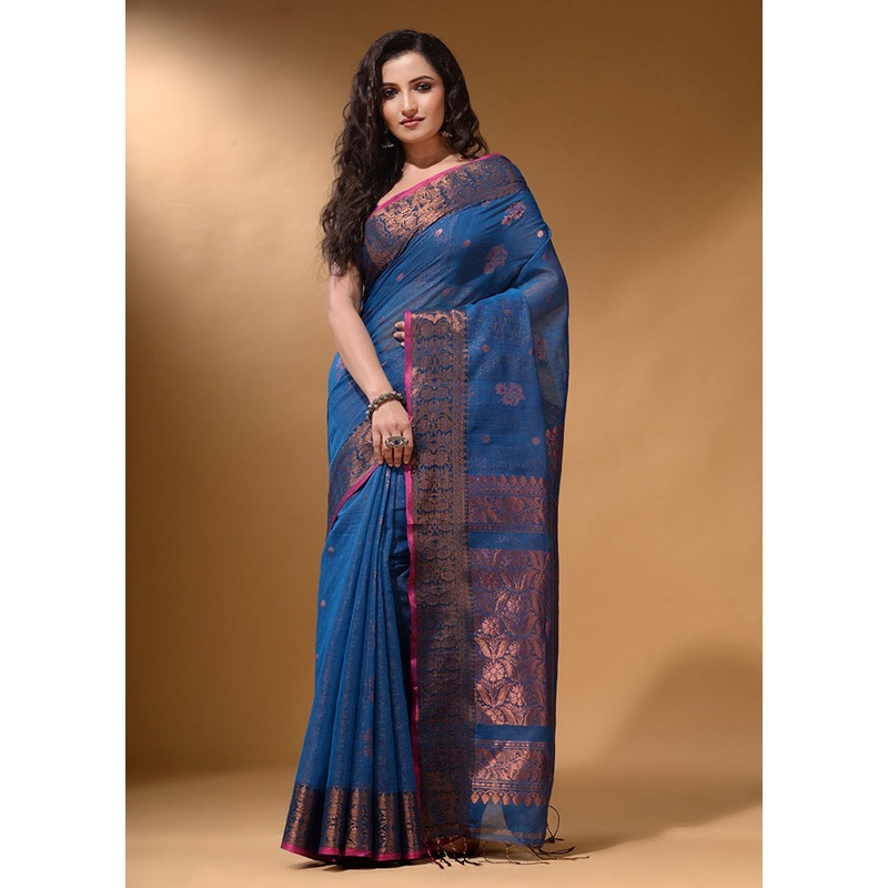 Blue Pure Cotton Saree With Blouse Piece - JD986589567