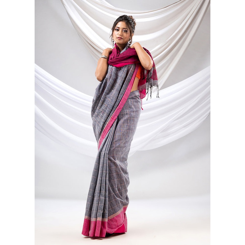 Blue Pure Cotton Saree With Blouse Piece - JD986589568