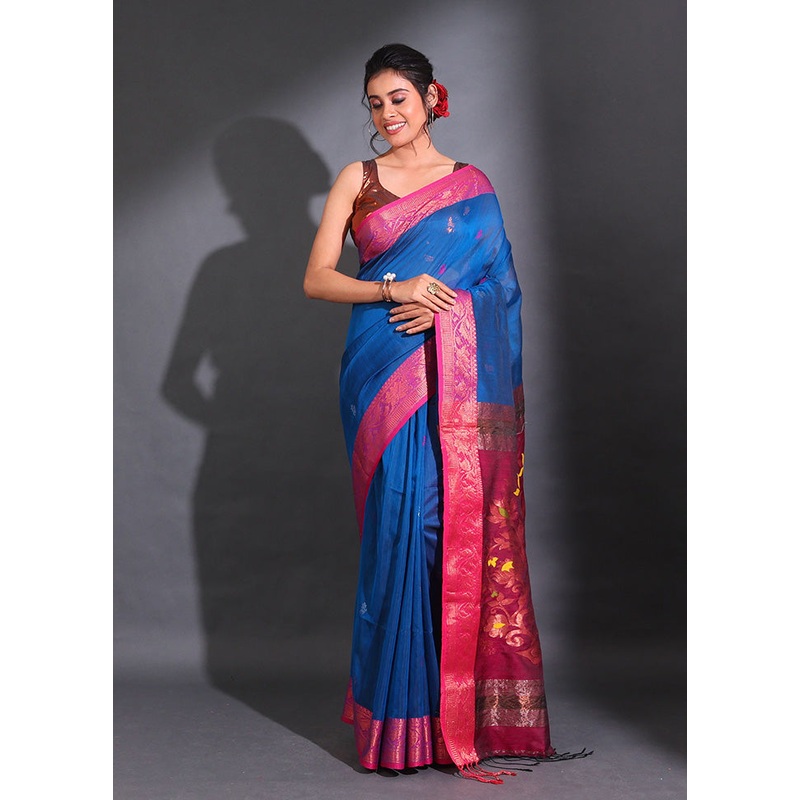 Blue Pure Cotton Saree With Blouse Piece - JD986589569