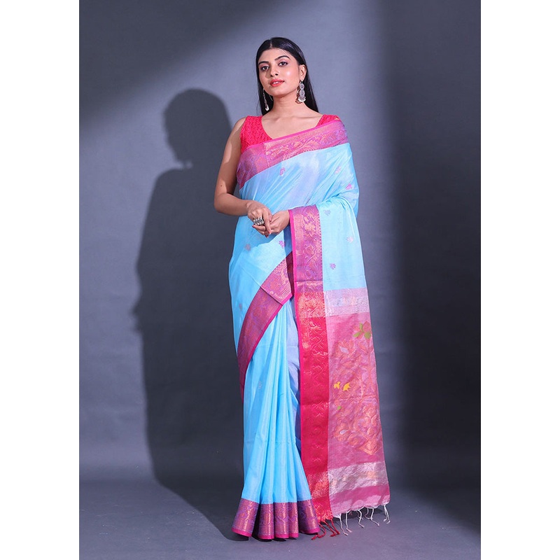 Blue Pure Cotton Saree With Blouse Piece - JD986589570