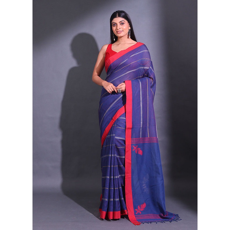 Blue Pure Cotton Saree With Blouse Piece - JD986589571