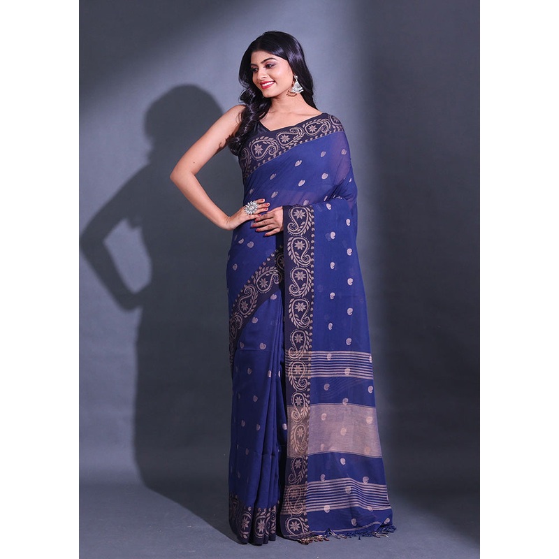 Blue Pure Cotton Saree With Blouse Piece - JD986589572