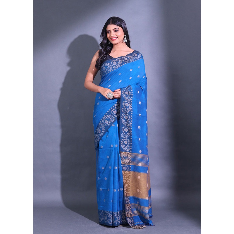 Blue Pure Cotton Saree With Blouse Piece - JD986589573