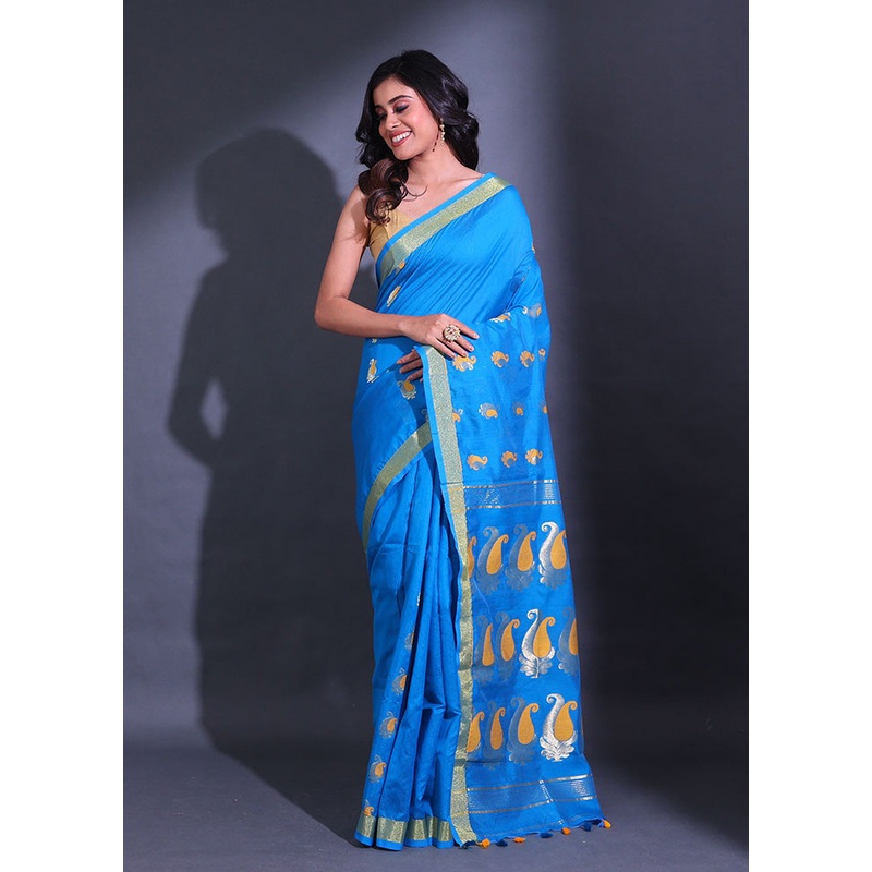 Blue Pure Cotton Saree With Blouse Piece - JD986589574