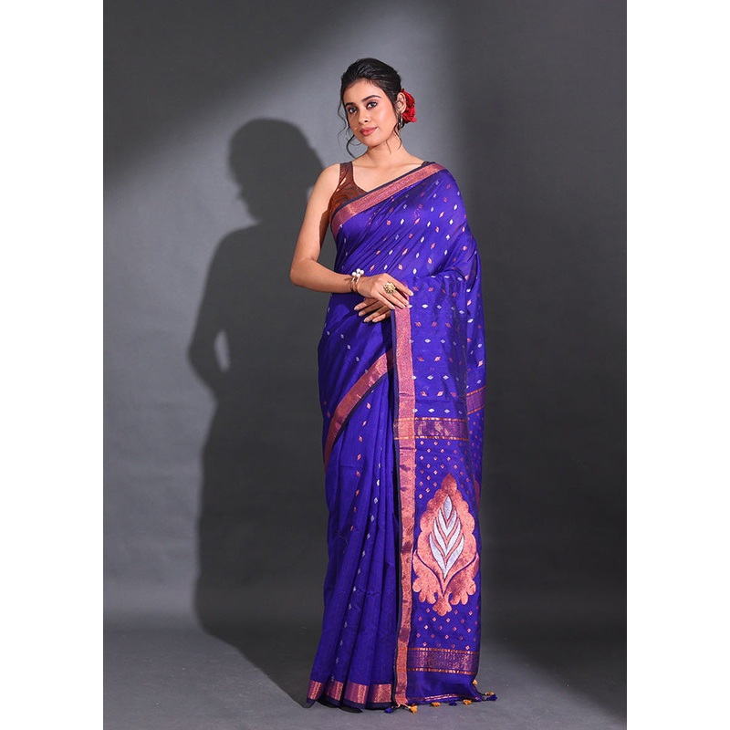 Blue Pure Cotton Saree With Blouse Piece - JD986589575