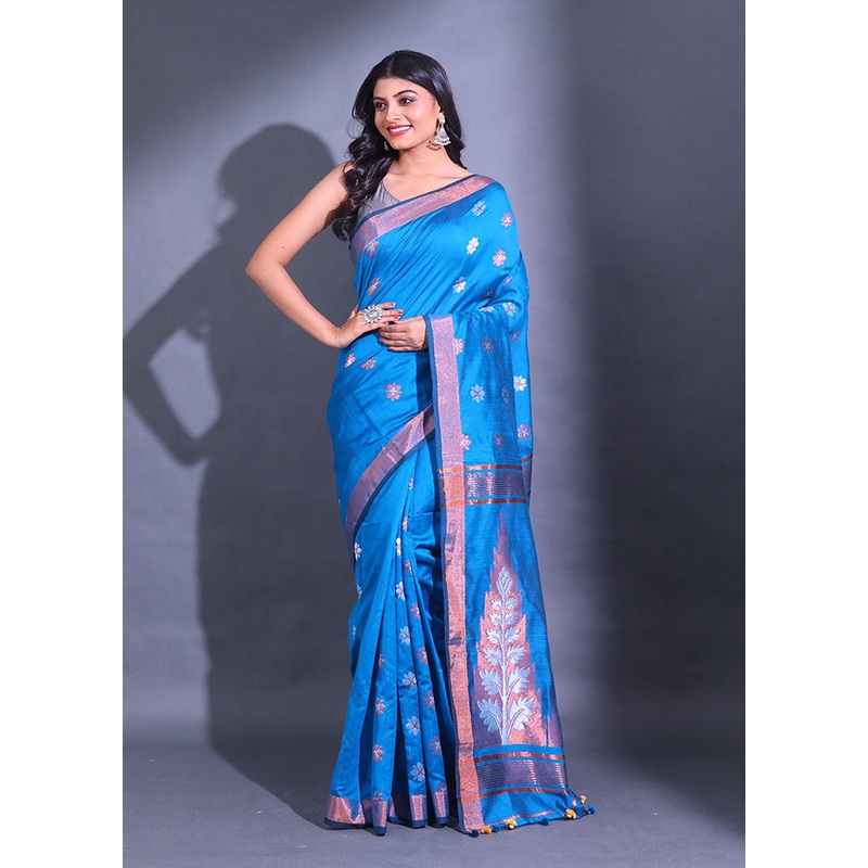 Blue Pure Cotton Saree With Blouse Piece - JD986589576