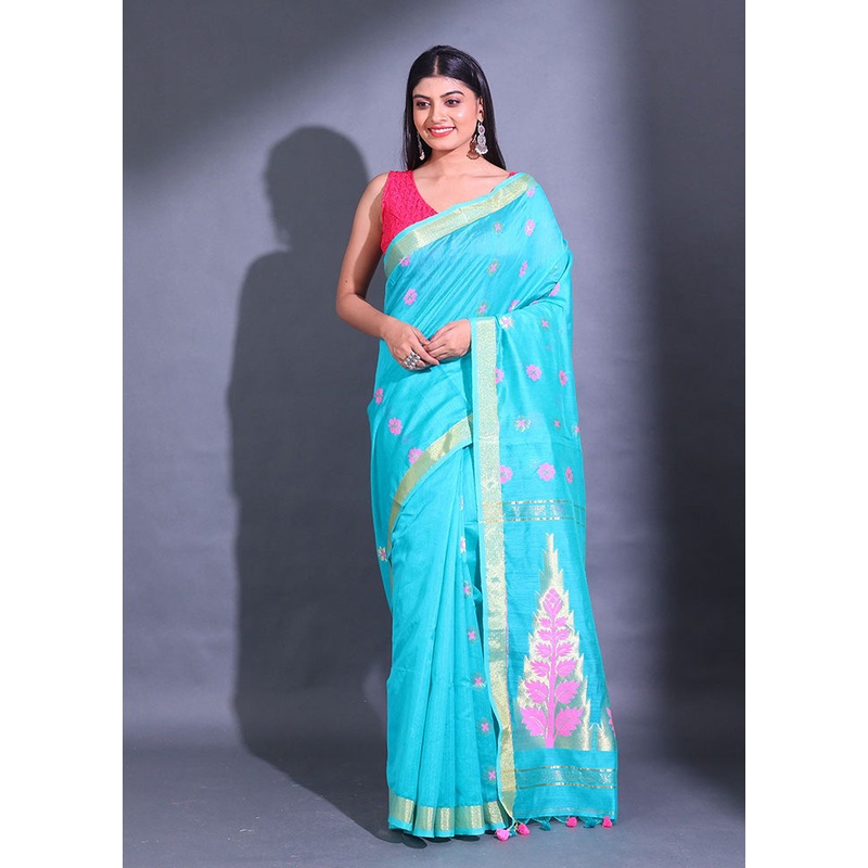 Blue Pure Cotton Saree With Blouse Piece - JD986589577