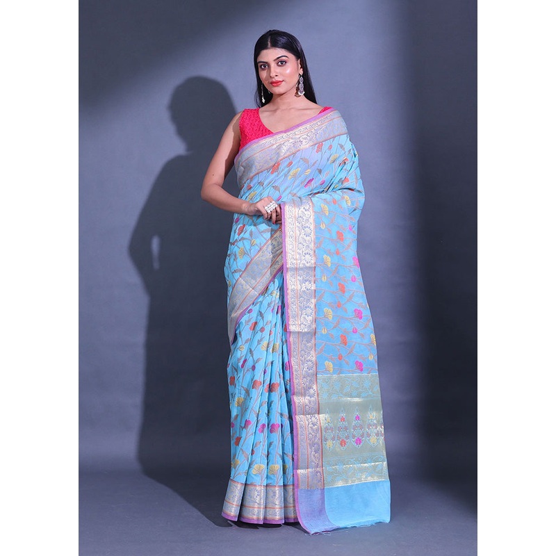 Blue Pure Cotton Saree With Blouse Piece - JD986589579