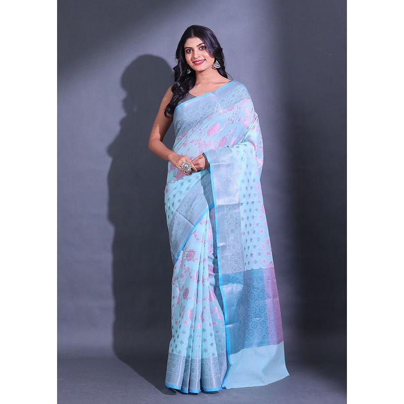 Blue Pure Cotton Saree With Blouse Piece - JD986589580