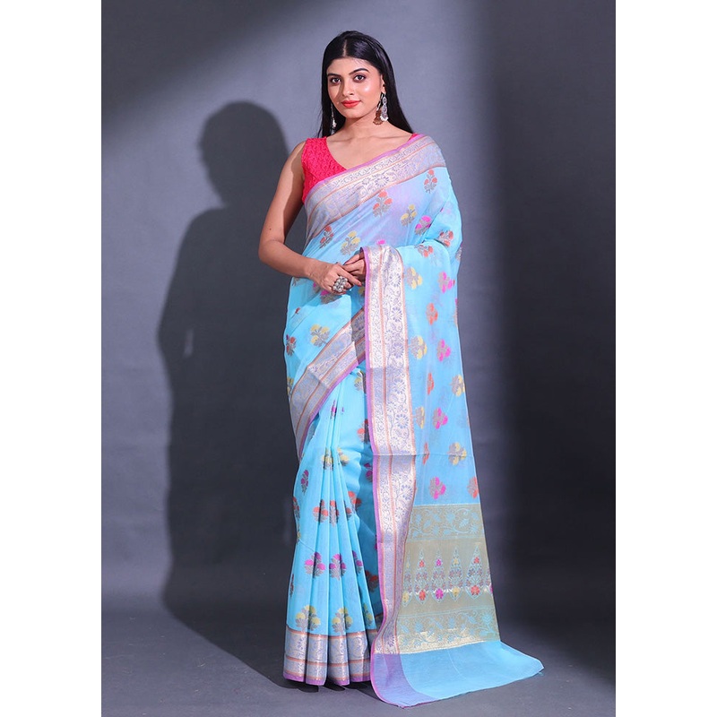 Blue Pure Cotton Saree With Blouse Piece - JD986589581