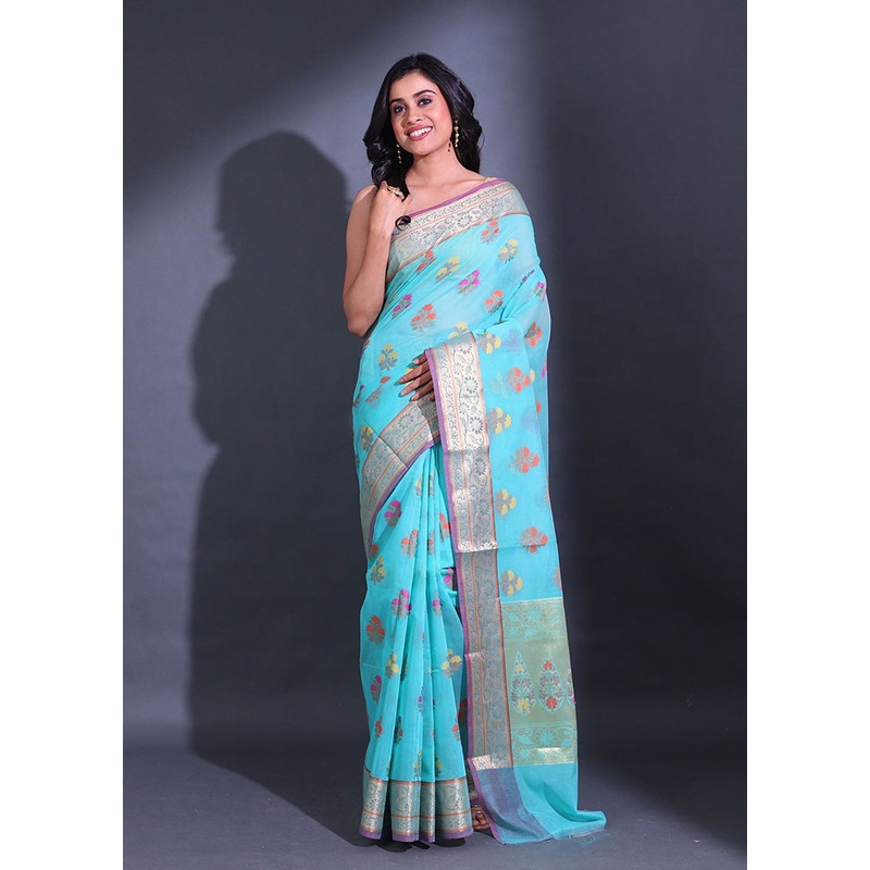 Blue Pure Cotton Saree With Blouse Piece - JD986589582