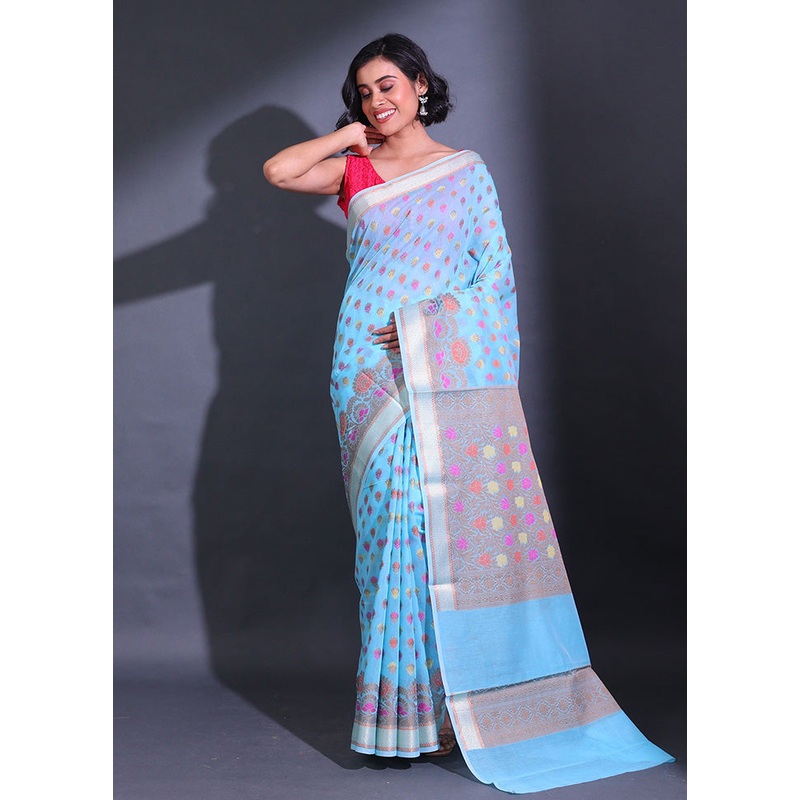 Blue Pure Cotton Saree With Blouse Piece - JD986589583