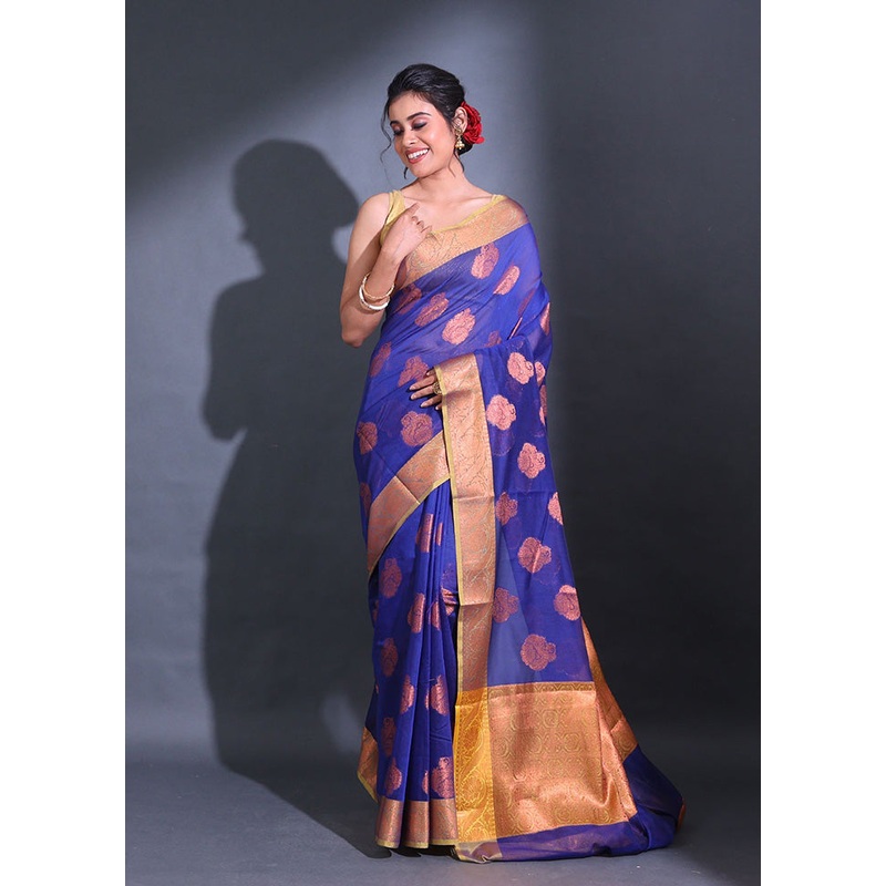 Blue Pure Cotton Saree With Blouse Piece - JD986589584