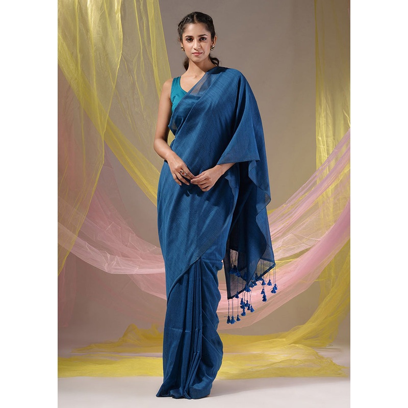 Blue Pure Cotton Saree With Blouse Piece - JD986589585