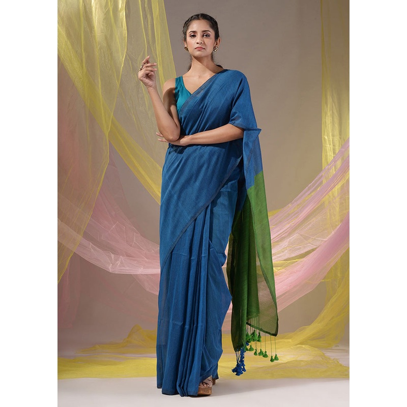 Blue Pure Cotton Saree With Blouse Piece - JD986589586
