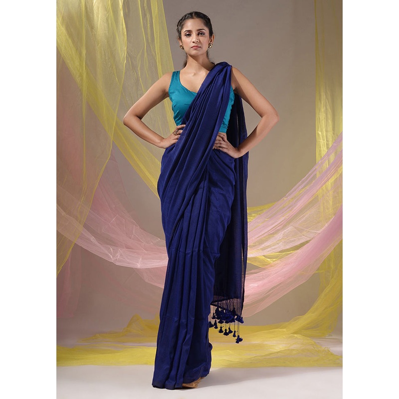 Blue Pure Cotton Saree With Blouse Piece - JD986589587