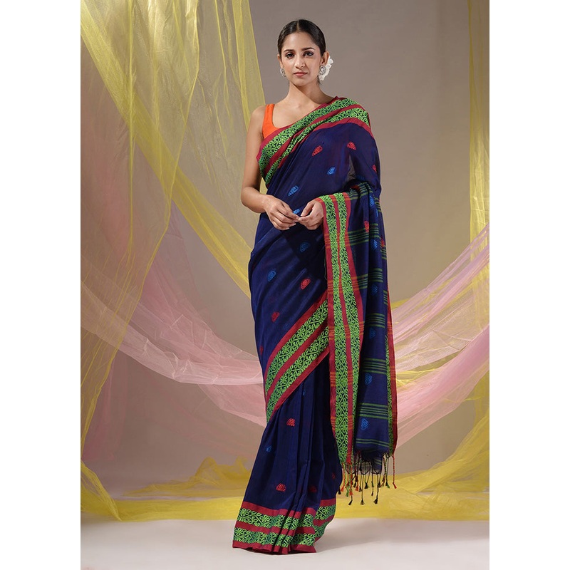 Blue Pure Cotton Saree With Blouse Piece - JD986589588