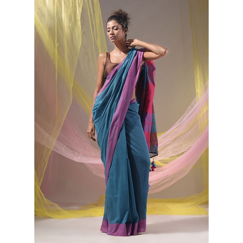 Blue Pure Cotton Saree With Blouse Piece - JD986589589