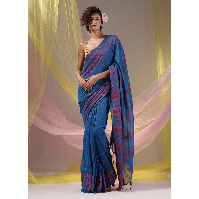 Blue Pure Cotton Saree With Blouse Piece - JD986589590